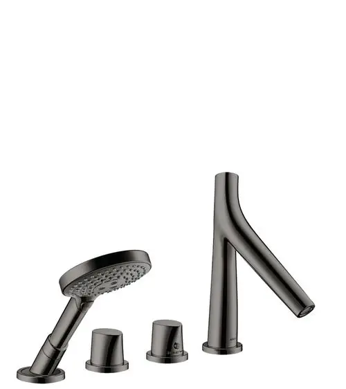 Schwarze Badarmatur bestehend aus Handbrause, zwei Drehreglern und Wasserhahn mit modernem Design und eleganten Linien.